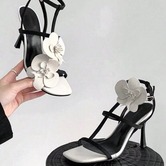 Black Elegant Women's Floral Open Square Toe High Heel Sandals - Picture 7 of 7